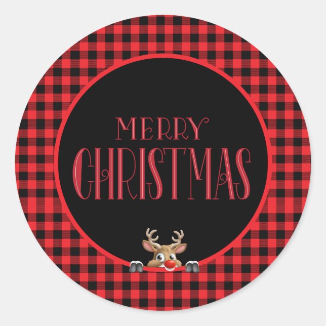 Pegatina Redonda Comprobación de búfalo negro rojo con renos (Anverso)