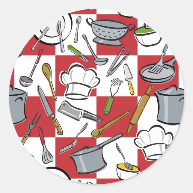 Pegatina Redonda Comprobación de las herramientas de cocina (Anverso)