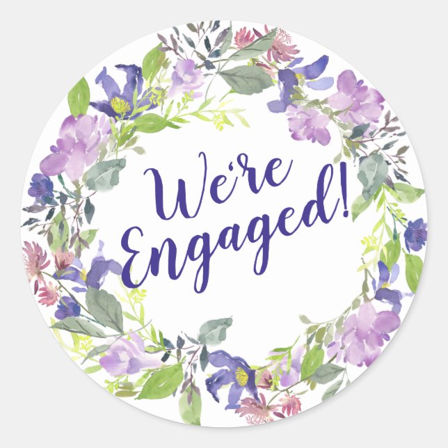 Pegatina Redonda Compromiso con los Bodas morados florales (Anverso)