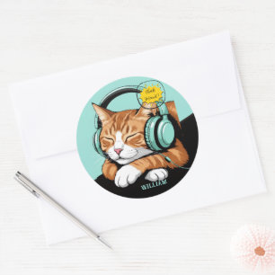 Pegatina Redonda COMPRUEBA Gato Marrón MEO con Auriculares – Person