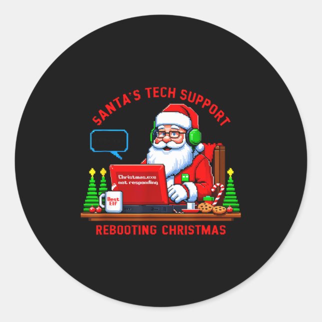 Pegatina Redonda Computer Meme Funny Santa's Tech Suprt Rebooting C (Anverso)