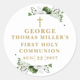 Pegatina Redonda Comunión botánica moderna y verde oliva