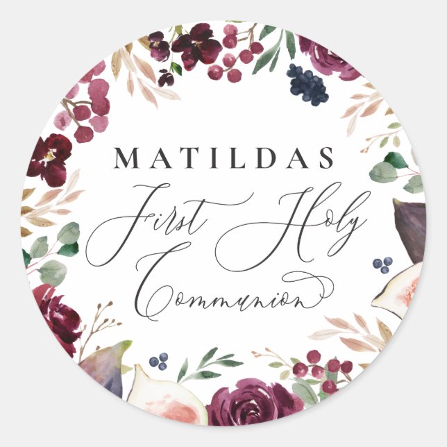 Pegatina Redonda Comunión sagrada floral acuarela púrpura y rosa (Anverso)