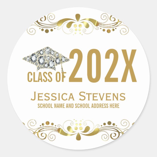 Pegatina Redonda Con Faux Gold Lace & Diamonds Grad Gorra Square St (Anverso)