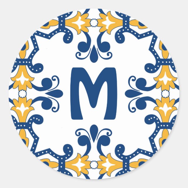 Pegatina Redonda Con 💛 inicial 💙 azules y amarillos Azulejos (Anverso)