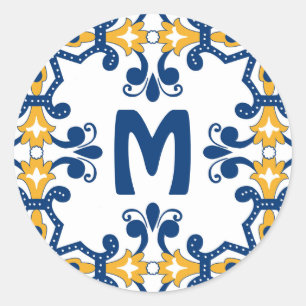 Pegatina Redonda Con 💛 inicial 💙 azules y amarillos Azulejos