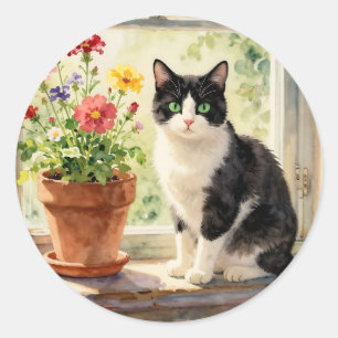 Pegatina Redonda Con tema de gato y flor