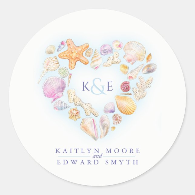 Pegatina Redonda conchas marinas color de agua playa azul (Anverso)