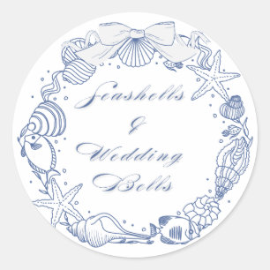 Pegatina Redonda Conchas y Campanas de Boda Diseño Costero