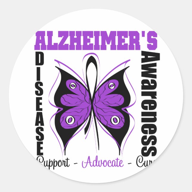 Pegatina Redonda Conciencia Alzheimers de mariposa (Anverso)