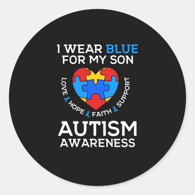 Pegatina Redonda Conciencia De Autismo Que Llevo Azul Para Mi Hijo (Anverso)