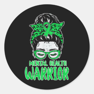 Pegatina Redonda Conciencia de Guerrero de Salud Mental Messy Bun H