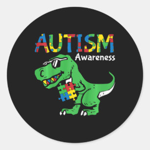 Pegatina Redonda Conciencia del Autismo Infantil Dino Niño Autista