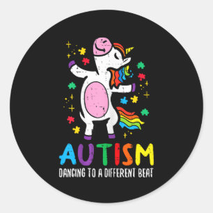 Pegatina Redonda Conciencia del Autismo Unicornio Bailando al Ritmo