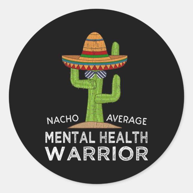 Pegatina Redonda Conciencia divertida Guerrero de Salud Mental (Anverso)