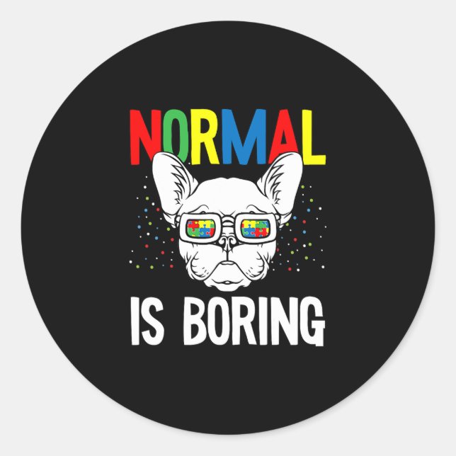 Pegatina Redonda Conciencia sobre autismo aburrido Perro Bulldog fr (Anverso)