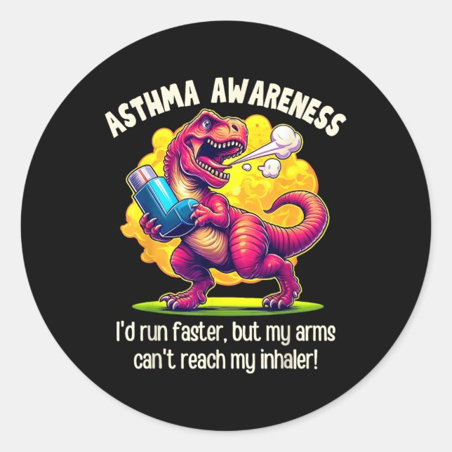 Pegatina Redonda Conciencia sobre el asma divertida T-rex (Anverso)