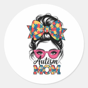 Pegatina Redonda Conciencia sobre el autismo 2025 Mamá Coquette Bow