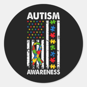 Pegatina Redonda Conciencia sobre el autismo Bandera estadounidense