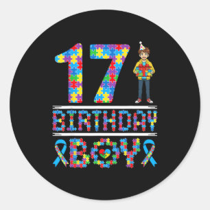 Pegatina Redonda Conciencia sobre el Autismo Cumpleaños 17 Niño Pie