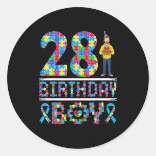 Pegatina Redonda Conciencia sobre el Autismo Cumpleaños 28 Niño Pie