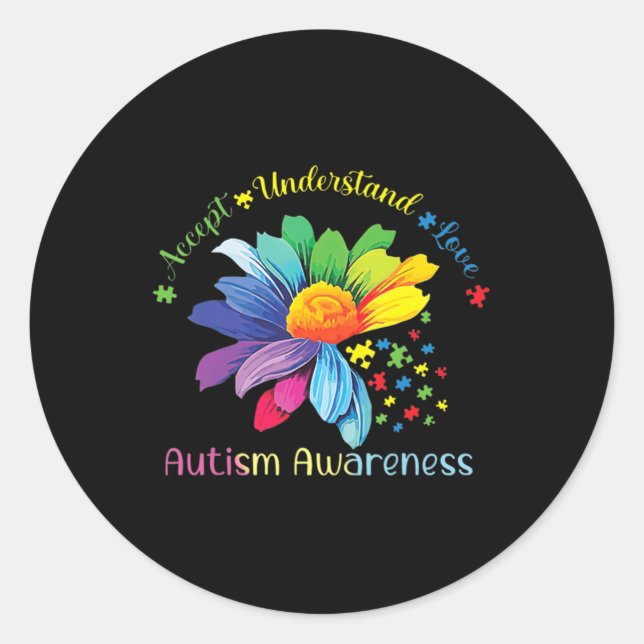 Pegatina Redonda Conciencia sobre el autismo El girasol acepta ente (Anverso)