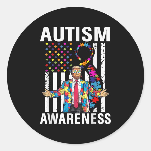Pegatina Redonda Conciencia sobre el autismo Funny Trump apoya a Es (Anverso)