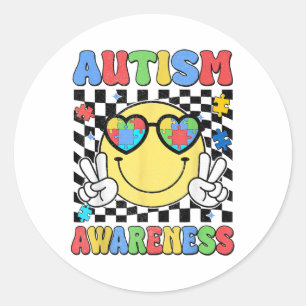 Pegatina Redonda Conciencia sobre el autismo retro groovy sonrisa h
