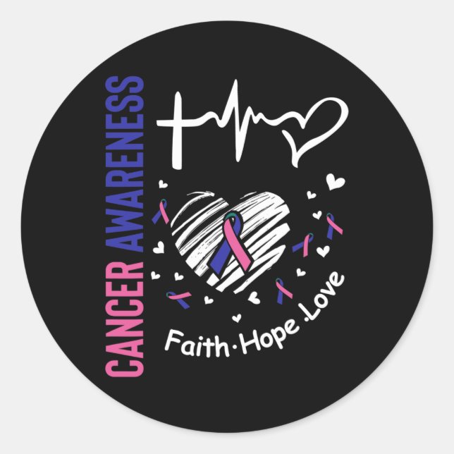 Pegatina Redonda Conciencia sobre el cáncer Fe Esperanza amor (Anverso)