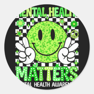 Pegatina Redonda Conciencia sobre salud mental cinta verde cerebro 