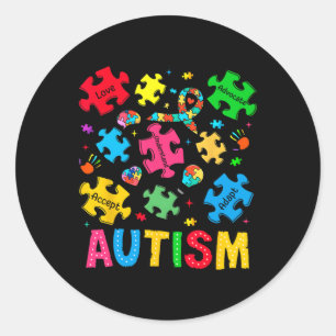 Pegatina Redonda Concienciación sobre autismo aceptar a la defensor