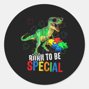 Pegatina Redonda Concienciación sobre el autismo infantil Dino Niño