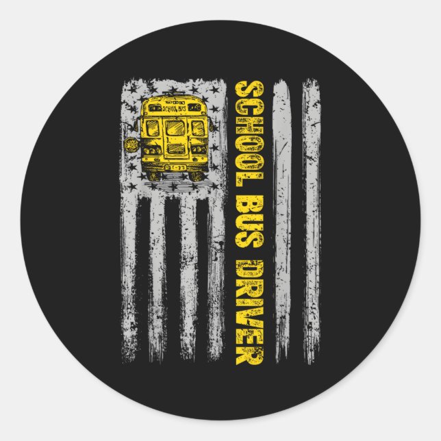 Pegatina Redonda Conductor De Autobús Escolar Bandera Estadounidens (Anverso)