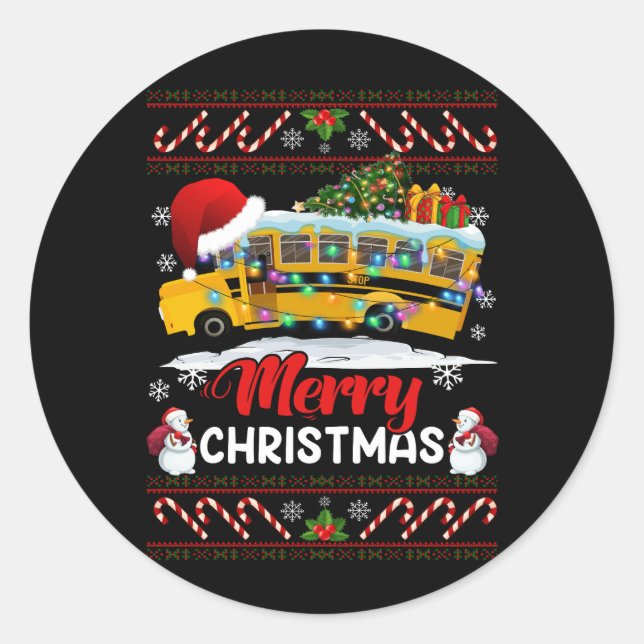 Pegatina Redonda Conductor de autobús escolar Feliz Navidad Luces F (Anverso)