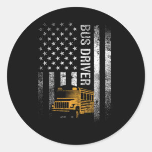 Pegatina Redonda Conductor De Autobús Usa Bandera Estadounidense Un