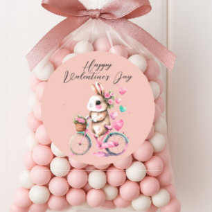 Pegatina Redonda Conejito Adorable Corazones Rosados Feliz Día de S
