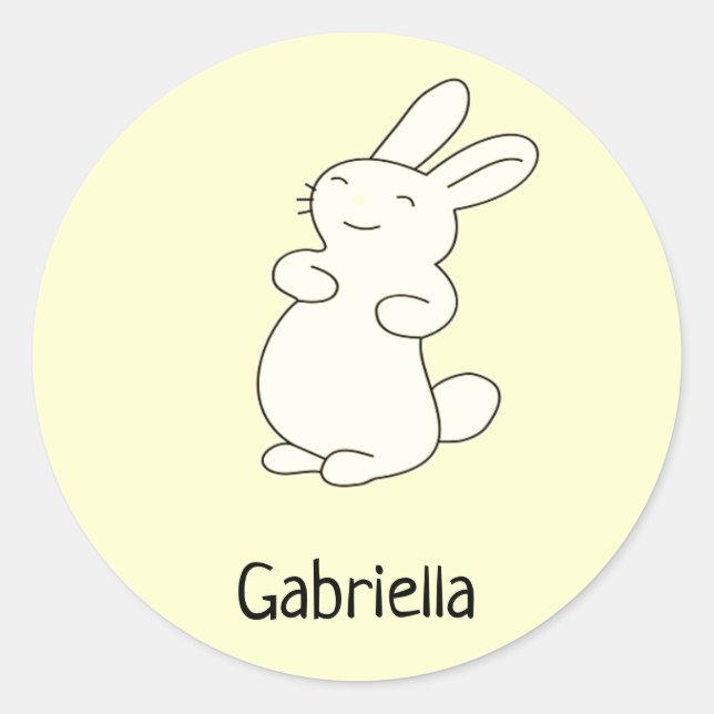Pegatina Redonda Conejito blanco lindo nombre personalizado amarill (Anverso)