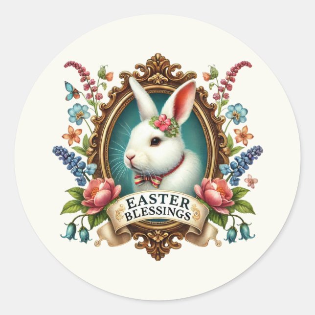 Pegatina Redonda Conejito de bendiciones de Pascua lindas  (Anverso)