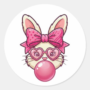 Pegatina Redonda Conejito de chicle lindo con gafas de corazón
