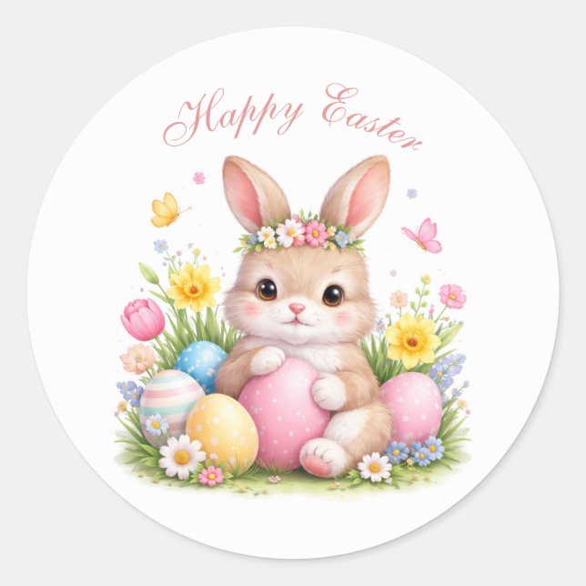 Pegatina Redonda Conejito de Pascua adorable conejo peonía rosa rub (Anverso)