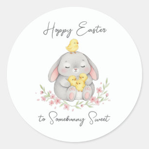 Pegatina Redonda Conejito de Pascua Hoppy Pastel Adorable y Pollito