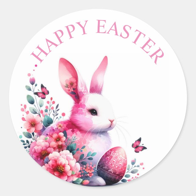 Pegatina Redonda Conejito floral de acuarela linda Feliz Pascua (Anverso)