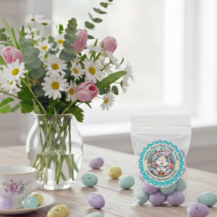 Pegatina Redonda Conejito lindo canasta de Pascua   Conejo floral d