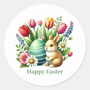 Pegatina Redonda Conejito lindo de Pascua feliz 