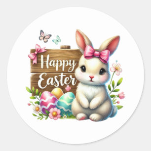 Pegatina Redonda Conejito lindo de Pascua feliz