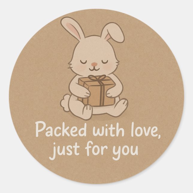 Pegatina Redonda Conejito Lindo Empacado con Amor Sticker (Anverso)