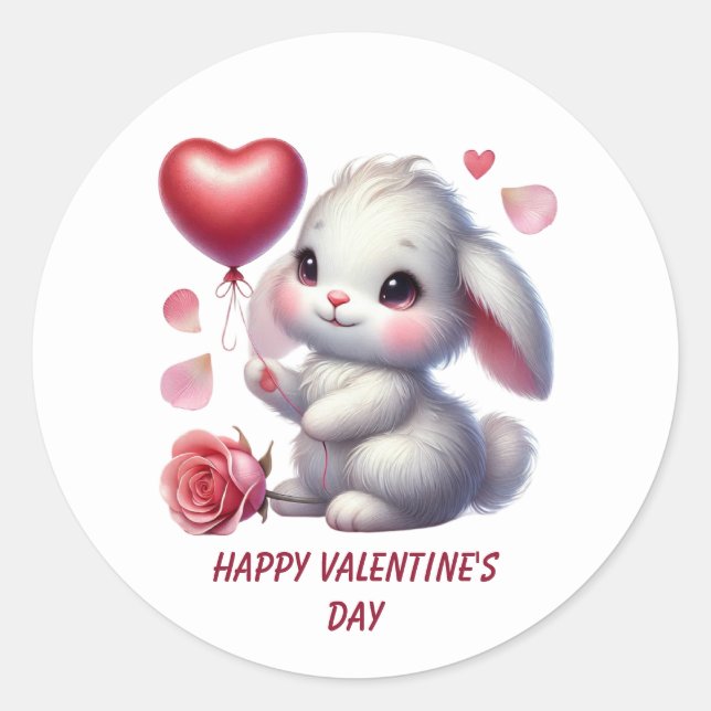 Pegatina Redonda Conejito lindo feliz día de San Valentín (Anverso)