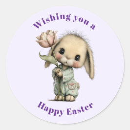 Pegatina Redonda Conejito lindo sosteniendo una tulipán de Pascua