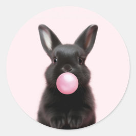 Pegatina Redonda Conejito negro brillante de burbuja rosa