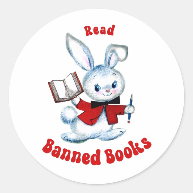 Pegatina Redonda Conejito retro lindo - Leer libros prohibidos (Anverso)